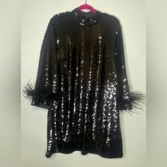 NWOT UNGARO Black Sequin Dress with Feather Cuffs - Picture 1 of 8